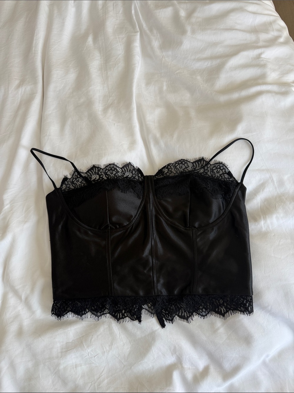 Black Lace Trim Satin Bustier Crop Top